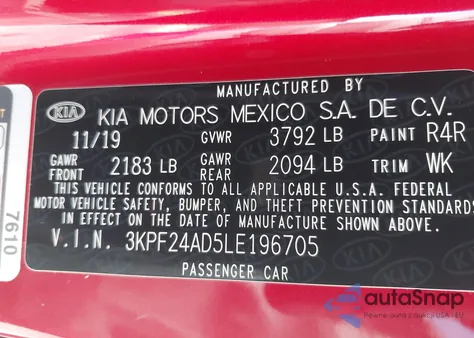 2020 Kia Forte Lxs из США, поврежденный, VIN 3KPF24AD5LE196705